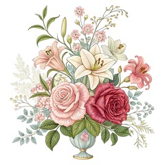  Romantic bouquet illustration with lilies and roses in a classic vase.