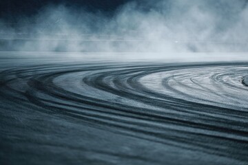 Dark, swirling tire tracks on a snowy race track at night