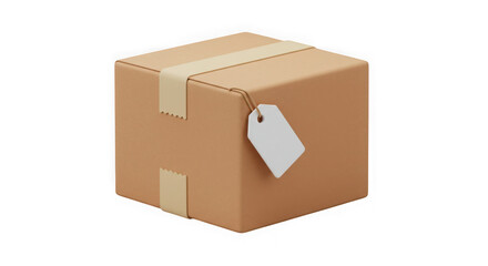 Fototapeta premium Brown cardboard shipping box with label attached isolated on transparent background