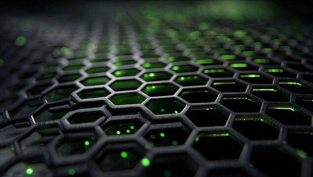 Close-up of a dark, hexagonal grid with glowing green accents