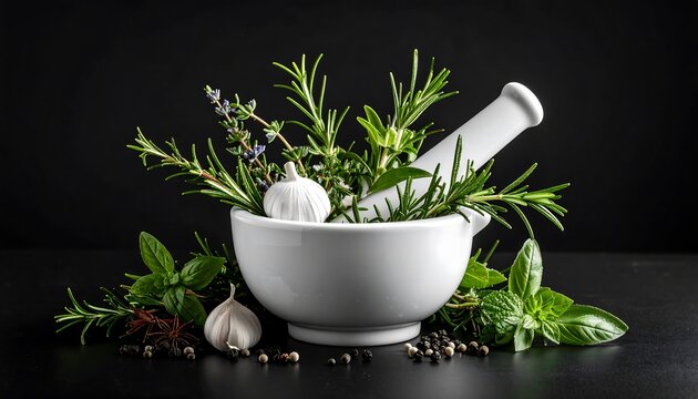 Fresh herbs and garlic in mortar