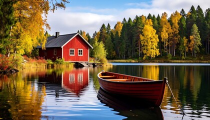 Lake cabin and boat calm day