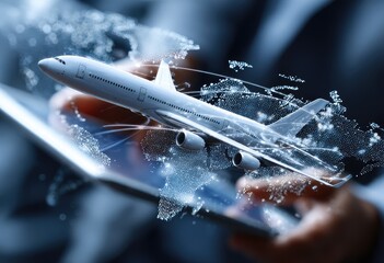 Hands holding tablet, airplane graphic overlaid with world map