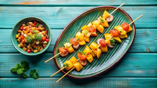 Photo of two appetizing skewers filled with grilled pineapple and cherry tomatoes are served on a green platter alongside a bowl of fresh corn salad on a rustic blue wooden table - Powered by Adobe