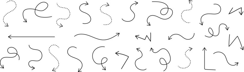 Set of decorative hand drawn arrows with curved and dotted lines. Vector arrows collection for infographics, presentations, web design, interfaces, educational materials, diagrams, charts