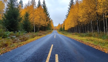 Fototapeta premium Sunlit Forest Road Flanked by Golden Autumn Trees – Serene Fall Drive Through a Canopy of Yellow Foliage