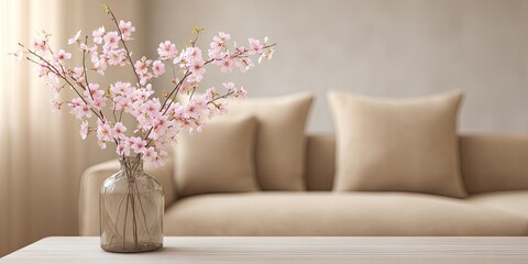 Light beige living room with cherry blossom centerpiece