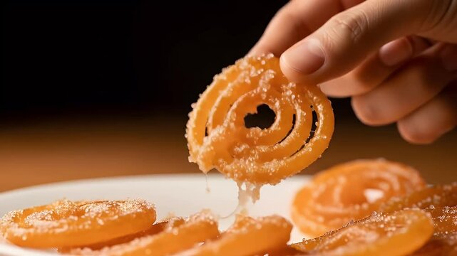 Hand picking jalebi from tray for indian wedding dessert scene