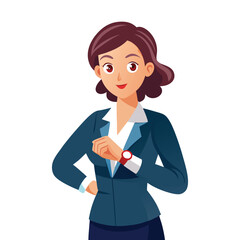 Confident Corporate Woman Adjusting Watch – Professional Lady Ready for Business Day – Time Management Concept in Clean Vector Style with White Background