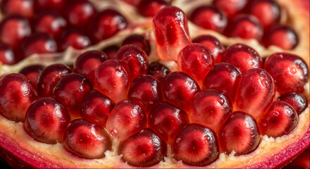 Close-up view of pomegranate seeds showcasing their vibrant red color and juicy texture in natural light