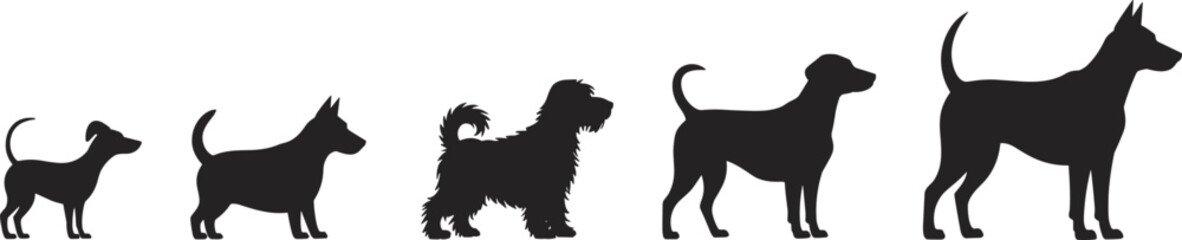 Dog breed growth silhouette, pet evolution silhouette, puppy to adult dog silhouette, animal silhouette vector, pet development stages, silhouette set art
