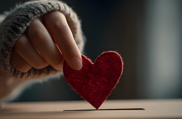 Female hand putting red paper heart donation box slot. Charity, help, love, gratitude, election, giving concepts. Support, kindness, compassion, contribution, caring, generosity, humanitarian causes,