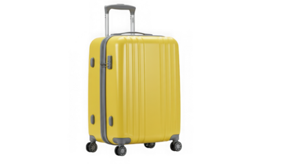 Bright yellow hardshell rolling suitcase with extendable handle isolated on transparent background