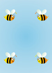 Flying bees on blue background, texture, template, celebration card, funny conceptual vector illustration