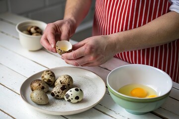 chef break quail egg into bowl on kitchen counter