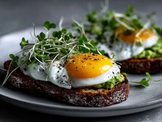 Levitating breakfast toast avocado, egg, microgreens elegant clean styling, soft daylight 