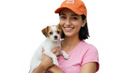 Young woman wearing orange baseball cap holding a small puppy isolated on transparent background