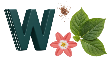 Isolated Letter W with Flower and Leaves