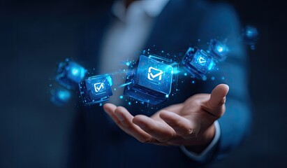 Person in suit holds floating email icons