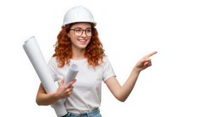 Smiling female architect wearing a hard hat holding blueprints and pointing to the side isolated on transparent background