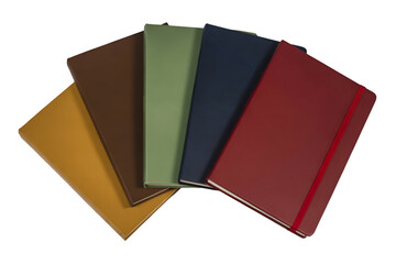 colorful hardcover notebooks with elastic bands arranged in fan shape