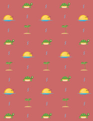 Illustration of sunset, coconut trees and green sea turtle for summer beach seamless pattern on pastel red background