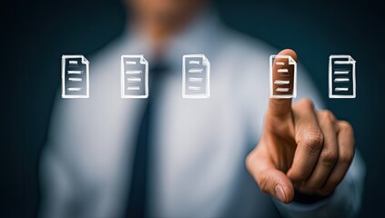 Businessperson's finger touching multiple document icons