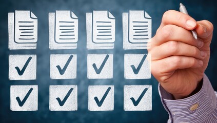 Hand writing on a dark background with checklist boxes and documents