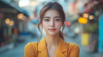 Confident Asian businesswoman standing at a crossroads making bold and decisive choices