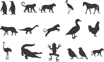 Different type animals silhouette set collection. Animal vector bundle Illustration black and white editable eps, Amphibian, Chicken, Dinosaur, Dog, graphic, Duck, Horse, Monkey