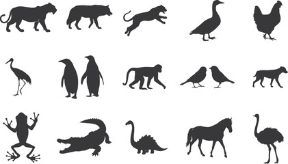 Different type animals silhouette set collection. Animal vector bundle Illustration black and white editable eps, Amphibian, Chicken, Dinosaur, Dog, graphic, Duck, Horse, Monkey