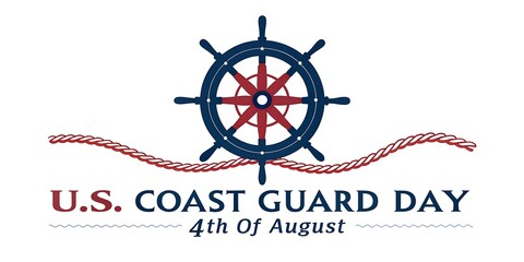U s coast guard day celebration featuring a ship s wheel and nautical rope commemorating the fourth of august with patriotic colors