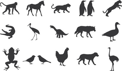 Different type animals silhouette set collection. Animal vector bundle Illustration black and white editable eps, Amphibian, Chicken, Dinosaur, Dog, graphic, Duck, Horse, Monkey