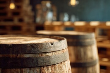Close-up of wooden barrels in a rustic bar
