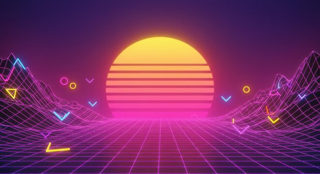 Retrofuturistic neon sunset over a digital grid landscape with glowing geometric shapes and mountains