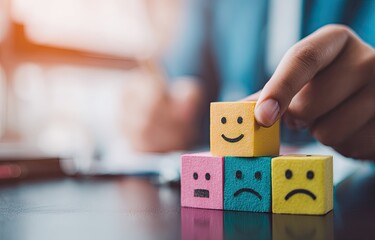 A hand places a smiley face cube on a stack of colored cubes with different facial expressions