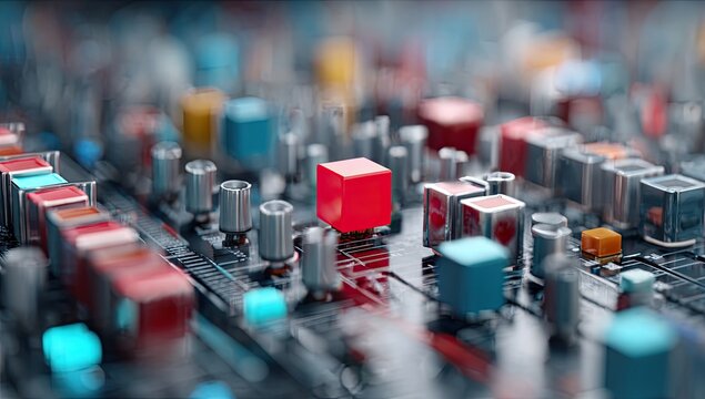 Close-up of futuristic circuit board with colorful components