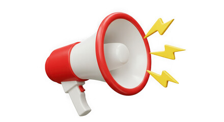Red and white megaphone with yellow lightning bolts emitting sound isolated on transparent background
