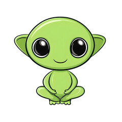 Fototapeta premium Cute green alien character sitting with a joyful expression in a whimsical style on a white background