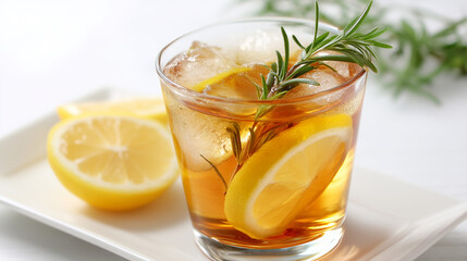 Fototapeta premium Herbal iced tea in a glass with lemon slices and rosemary sprigs, served on a white ceramic plate, featuring a bright top-down composition isolated on a white background, styled for a commercial.