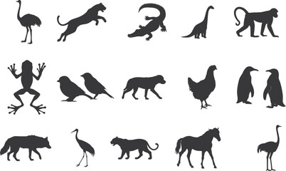 Different type animals silhouette set collection. Animal vector bundle Illustration black and white editable eps, Amphibian, Chicken, Dinosaur, Dog, graphic, Duck, Horse, Monkey