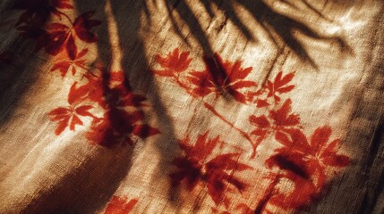 Beige Fabric with Red Leaf Pattern and Sunlight Shadow