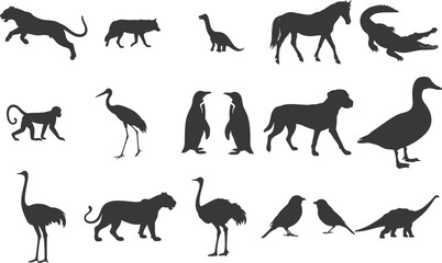 Different type animals silhouette set collection. Animal vector bundle Illustration black and white editable eps, Amphibian, Chicken, Dinosaur, Dog, graphic, Duck, Horse, Monkey
