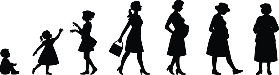 Female life stages vector – silhouette from baby girl to mature woman, woman age progression illustration, female growth timeline