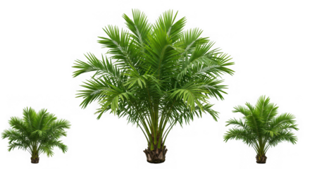 Three lush green tropical palm trees of varying sizes isolated on transparent background