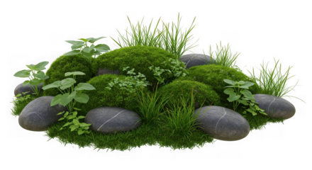 Lush green mossy mound with smooth grey stones and delicate plants isolated on transparent background