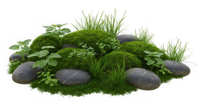 Lush green mossy mound with smooth grey stones and delicate plants isolated on transparent background