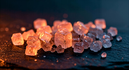 Rock salt crystals arranged on a dark slate surface with warm illumination creating unique reflections