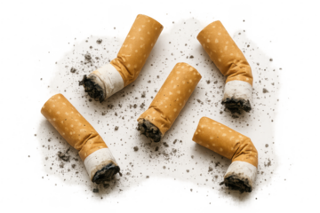 Cigarette butts with ash on transparent background forming a cloud shape