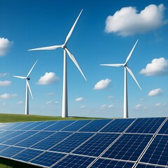 Renewable Energy with Wind Turbines and Solar Panels under Blue Sky